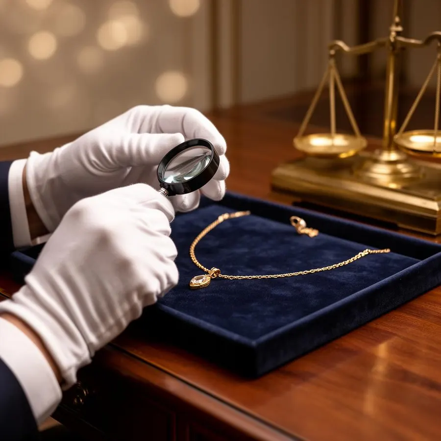 Specialist taxeert gouden ketting met loep en weegschaal voor klanten uit Arnhem